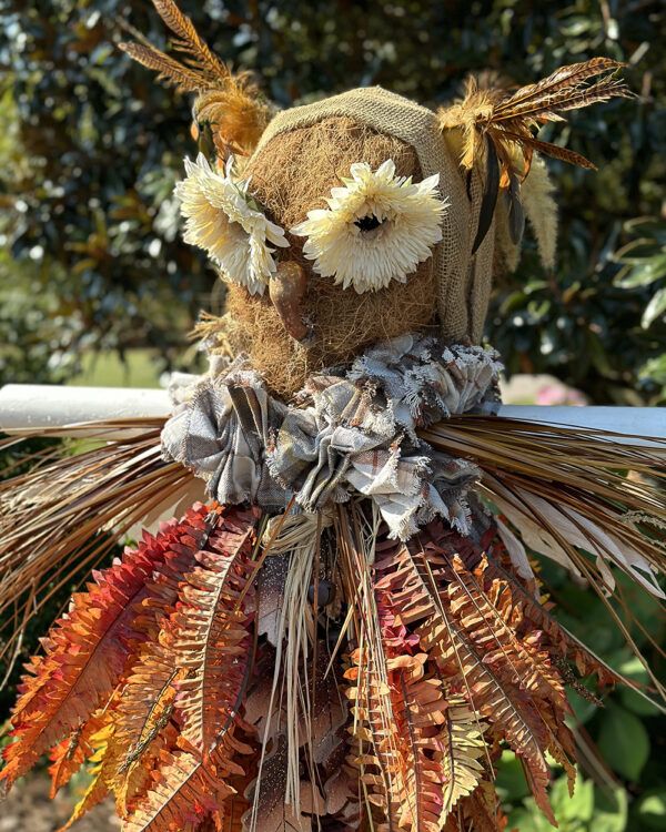 Owl made of organic material on a t-stake for Scarecrow Trail